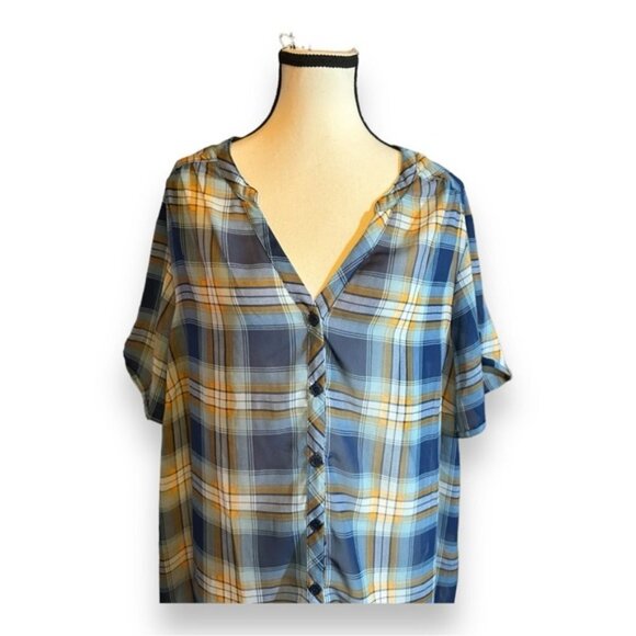 Women’s 2X Blue and Orange Plaid Georgette V Neck Short Sleeve Top 18 20 XXL - Picture 2 of 8